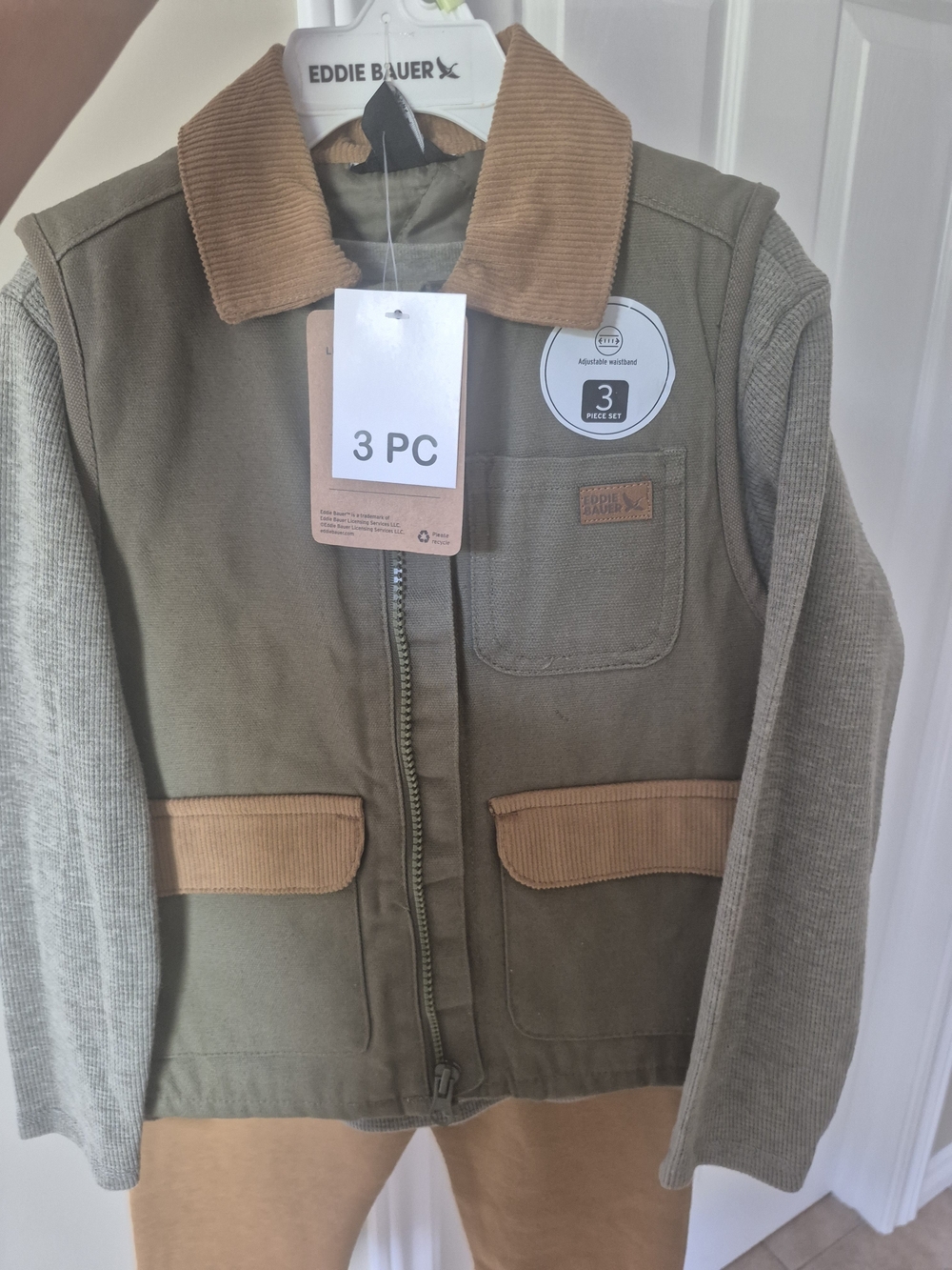 Eddie Bauer Olive Green Jacket with Tan Corduroy Trim